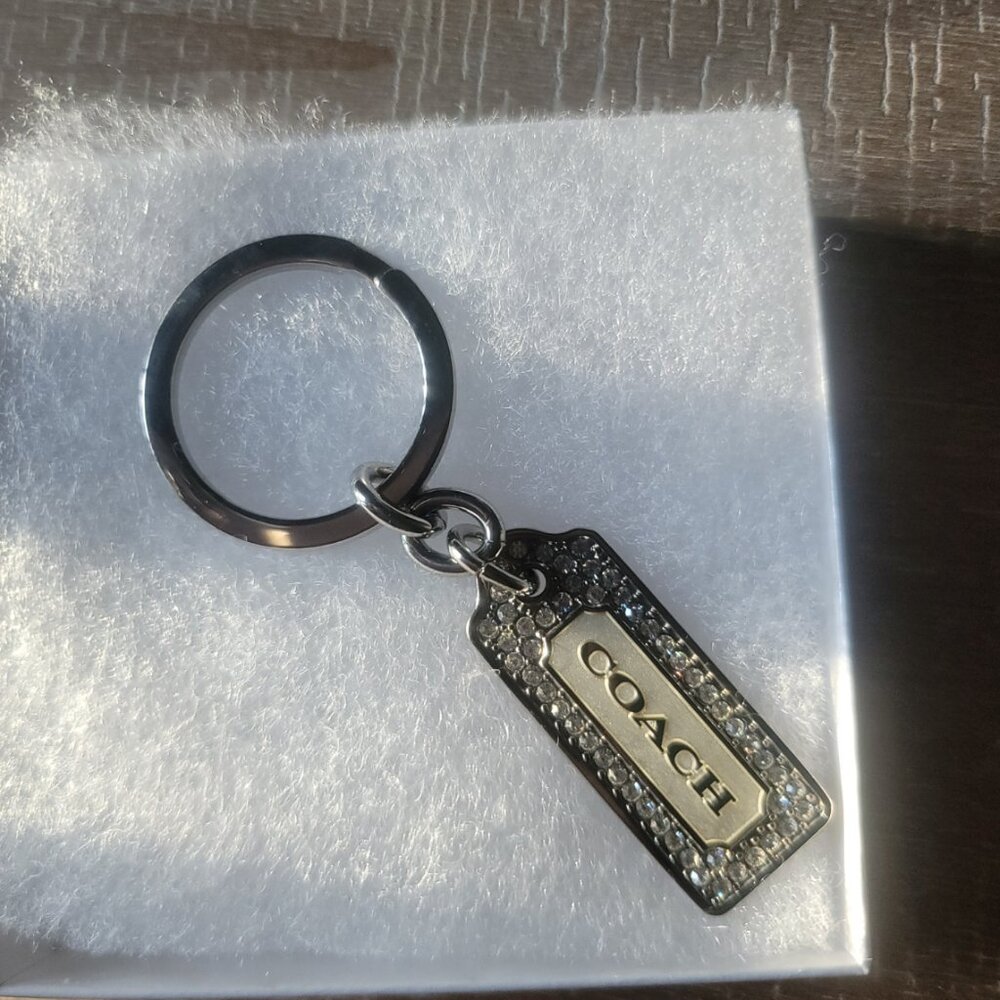 Coach Silver Rectangular Logo Key Ring with Rhinestone Border - Picture 9 of 15